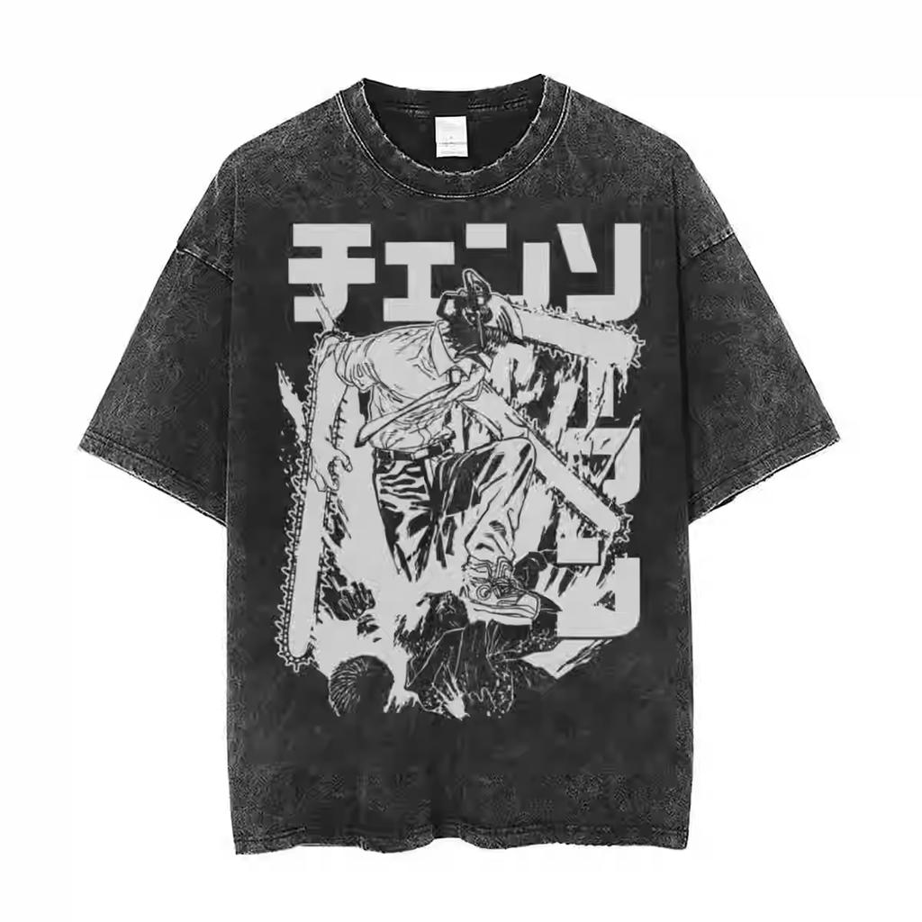 Anime Chainsaw Man Tshirt Denji Power Makima Aki Graphic T Shirt Mens Clothing Short Sleeve Tee Cotton Washed Oversized Tshirt