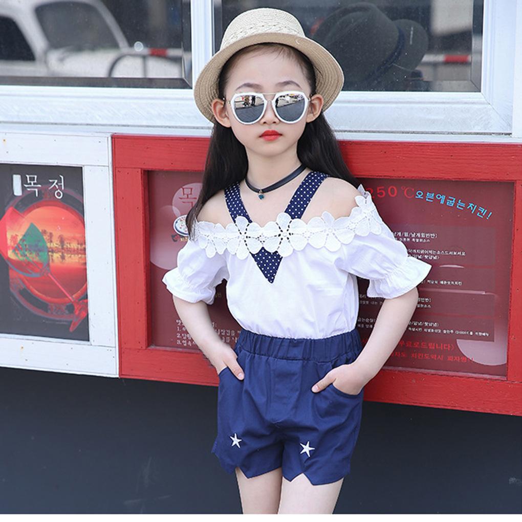 Детские Девочки Кружевная Футболка Топы Брюки Шорты Летние Наряды Одежда