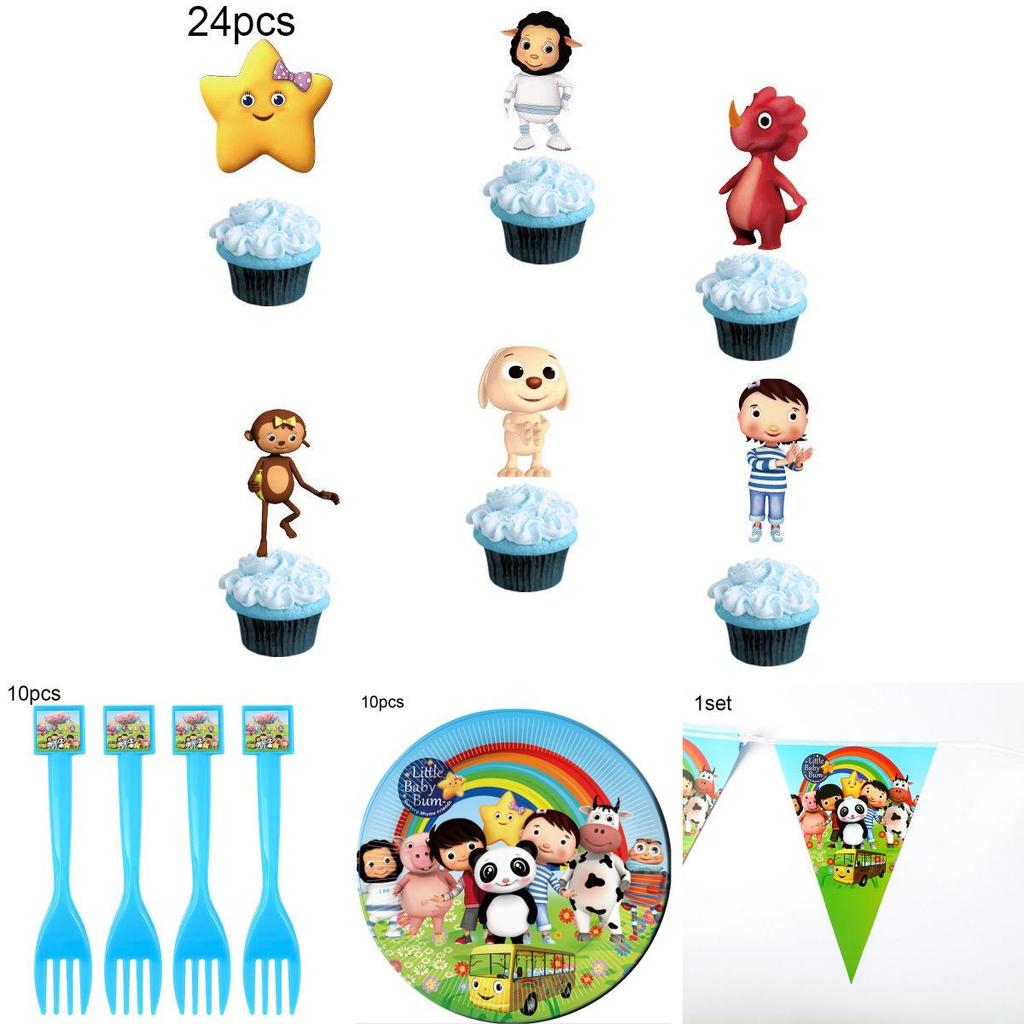 Очаровательные принадлежности для дня рождения в тематике Little Baby Bum, включая скатерть и баннер
