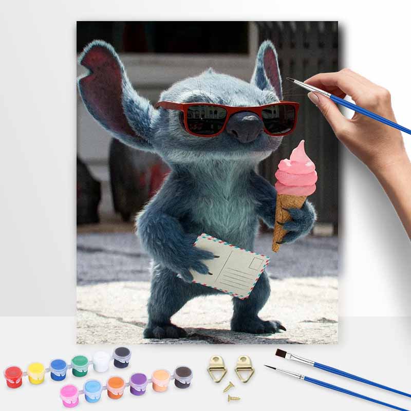 Disney digital oil painting Stitch with sunglasses and ice cream art handmade diy gift home decoration