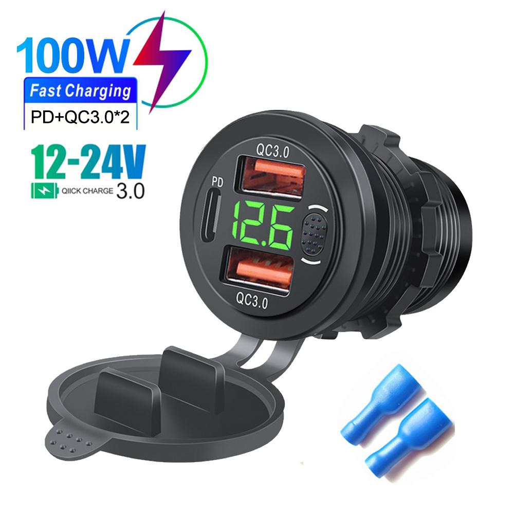 12/24 В три порта USB зарядное гнездо USB-C PD и двойной QC 3.0 для автомобиля мотоцикла с вольтметром и выключателем питания автомобильное зарядное устройство