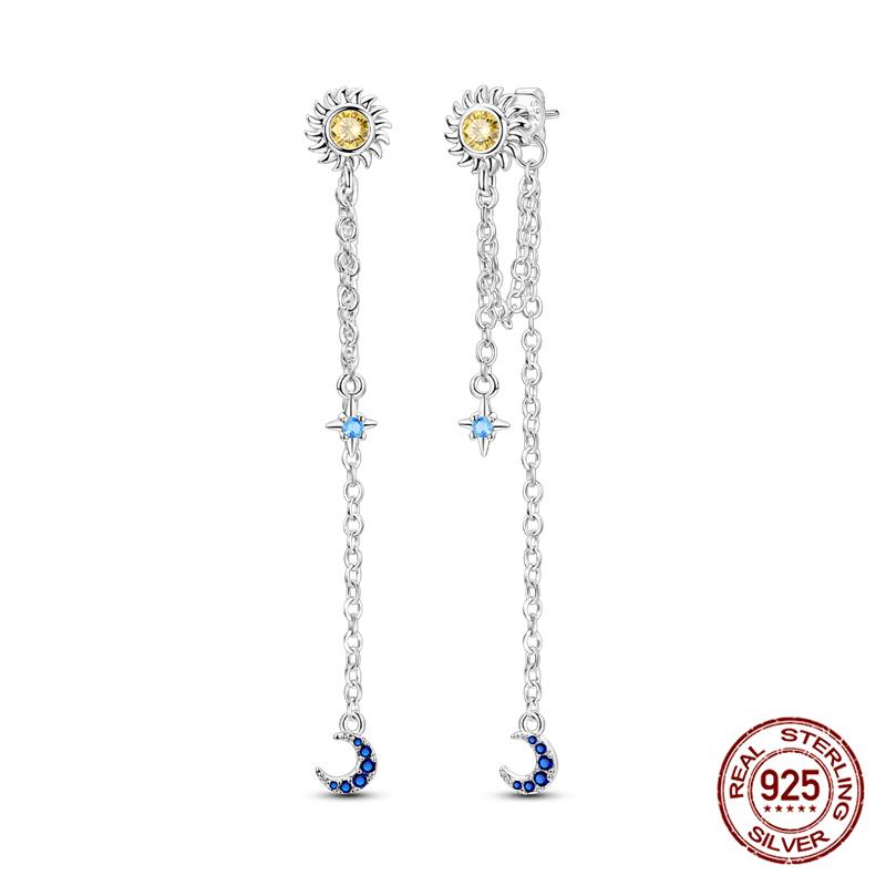 Original 100% 925 Silver Geometric Sun Moon And Stars Tassel Women's Earrings Party Anniversary Gift