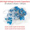 100 шт., 2 кВ, высоковольтные керамические конденсаторы, 102 К-821 К, 10 значений, набор конденсаторов 102 К, 221 К, 332 К, 472 К, 681 К, 152 К, 222 К, 471 К, 561 К, 821 К