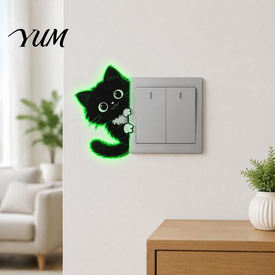 Cute Cat Light Switch Decals Glow in The Dark Black Wall Sticker, Luminous Self-Adhesive Waterproof Plates for Renters Decal, Decorative Room