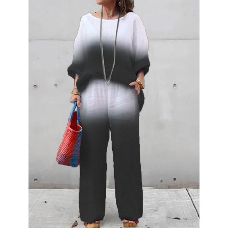 Женский летний градиентный свободный костюм, офисный костюм, удобный свободный круглый вырез, длинный рукав + длинные брюки, комплект из двух предметов