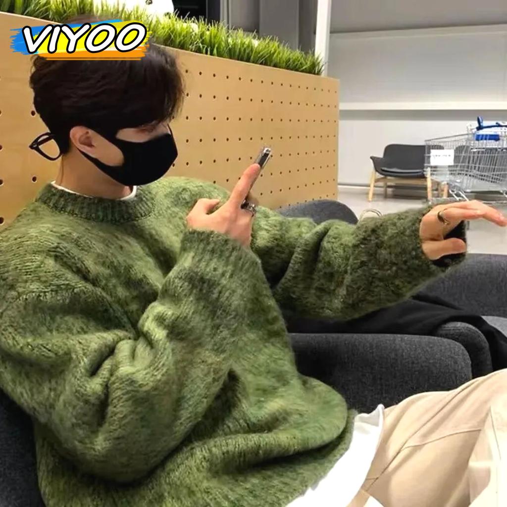 Зеленая мужская одежда, свитер, японский винтажный однотонный повседневный пуловер большого размера, вязаный свитер, зимний корейский мужской костюм с длинными рукавами