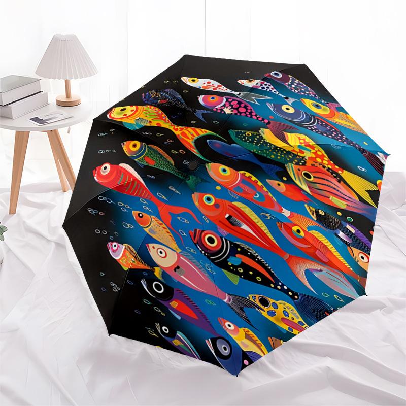 1pc Colorful Fish Automatic Folding Umbrella - Windproof Compact Travel Umbrella with Auto Open/Close, 8-Rib Heavy-Duty Shaft for Women/Men A002