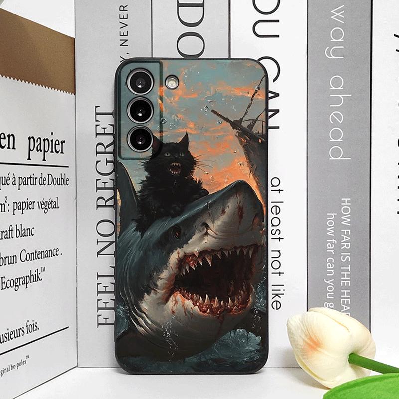 Забавный абстрактный чехол для телефона с акулой и черной кошкой для Samsung Galaxy S24+ S25 S23 Ultra S22 Plus S21FE M53 M34 M55 5G Матовый мягкий чехол