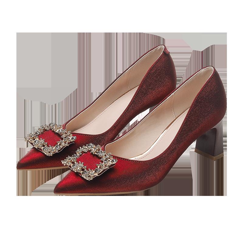 Свадебные туфли на толстом каблуке, с острым носком, не утомляющие, атласные туфли для подружек невесты на высоком каблуке, нишевые универсальные туфли с квадратной пряжкой для женщин