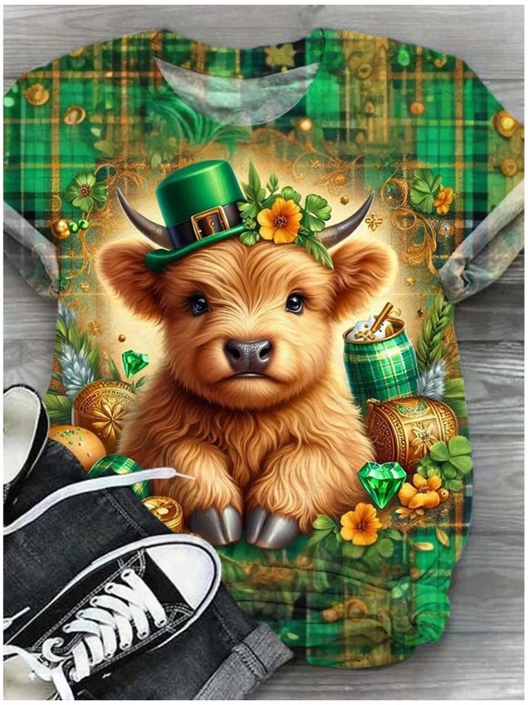 Женская ул.. Футболка ко Дню Святого Патрика Повседневная Зеленая Футболка с коротким рукавом с 3D-принтом и круглым вырезом с коротким рукавом Уличная одежда Y2k