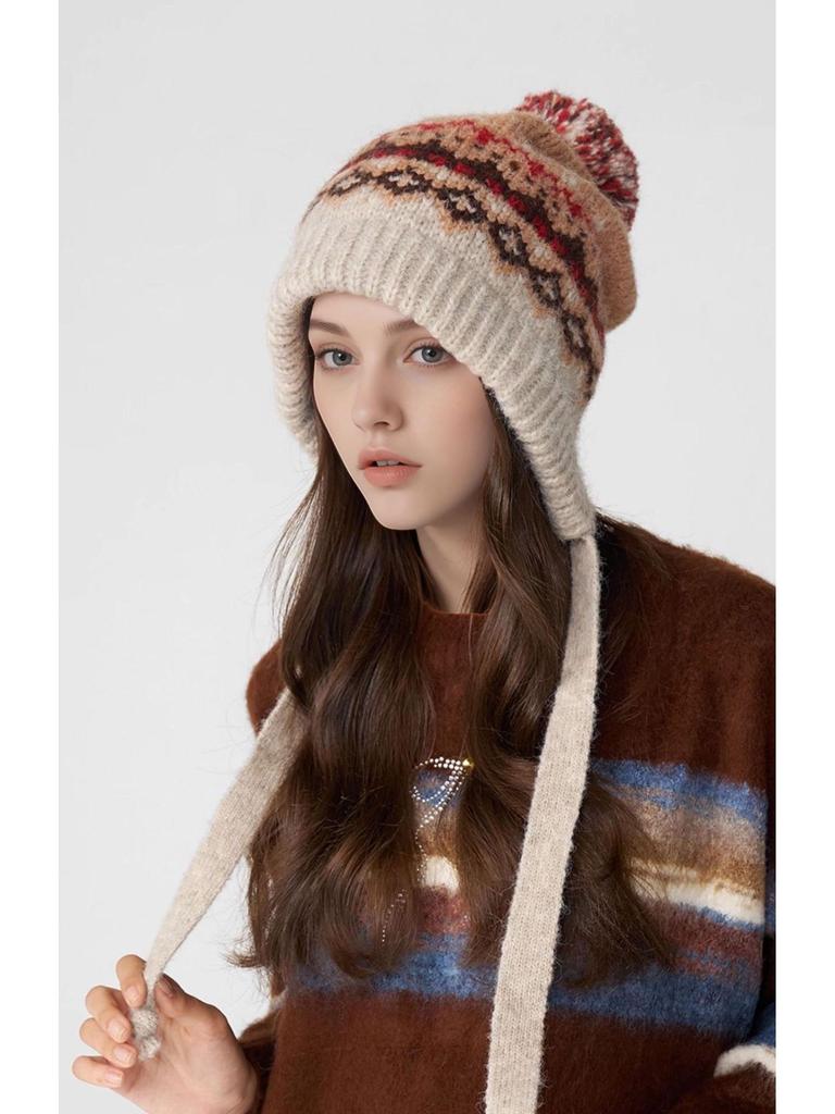 Женская вязаная шапка с помпоном в стиле Fair Isle - Ретро жаккардовая шерсть с защитой ушей для зимнего тепла