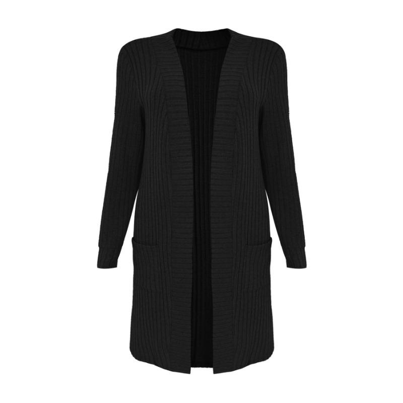 Женская осенне-зимняя длинная однотонная куртка-кардиган с длинным рукавом и свободными карманами