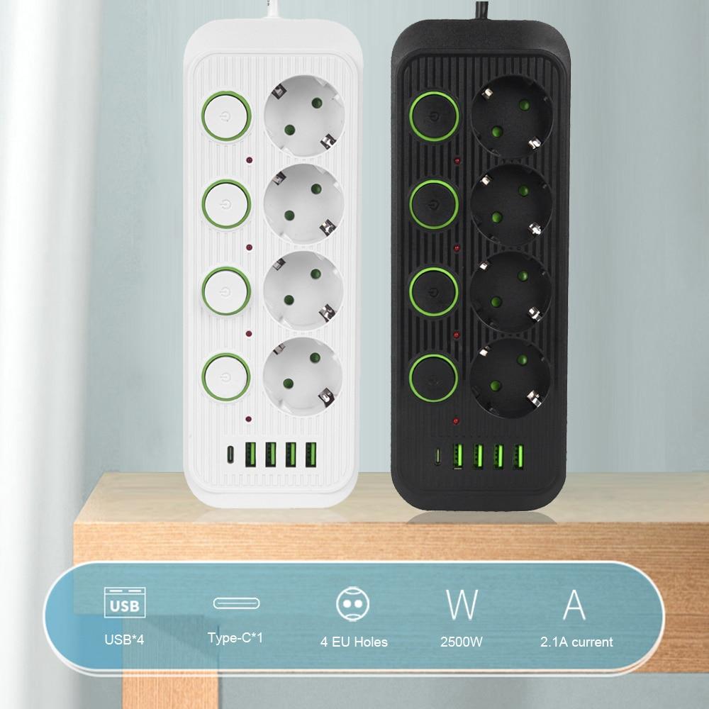 Вилка европейского стандарта с несколькими розетками и портами USB Type C. Кабель-удлинитель длиной 2 м. Независимая розетка управления. Сетевой фильтр. Электрический переменный ток.