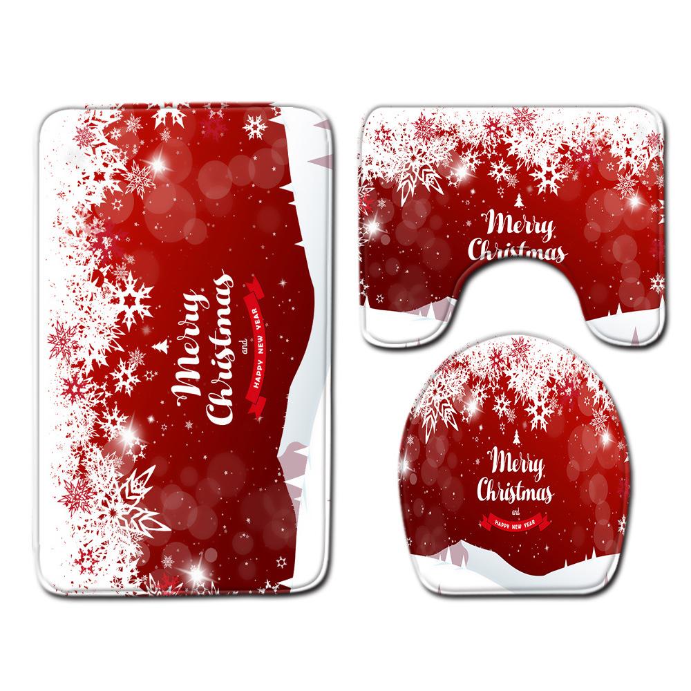 Christmas Bathroom Non-Slip Door Mat, Shower Curtain Floor Mat Combination Four-Piece Toilet Absorbent Carpet