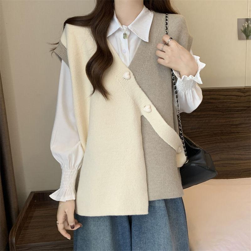 Весна и осень контрастный цветной свитер жилет с вышивкой для женщин дизайн нерегулярный свободный и тонкий безрукавный трикотажный жилет женский