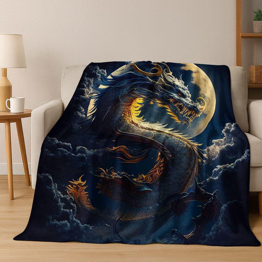Magic Dragon Mythology Art Chinese Loong Cartoon Flannel Blanket,Cozy Soft Throw Blanket for Home Bedroom Bed Sofa Cover Kid