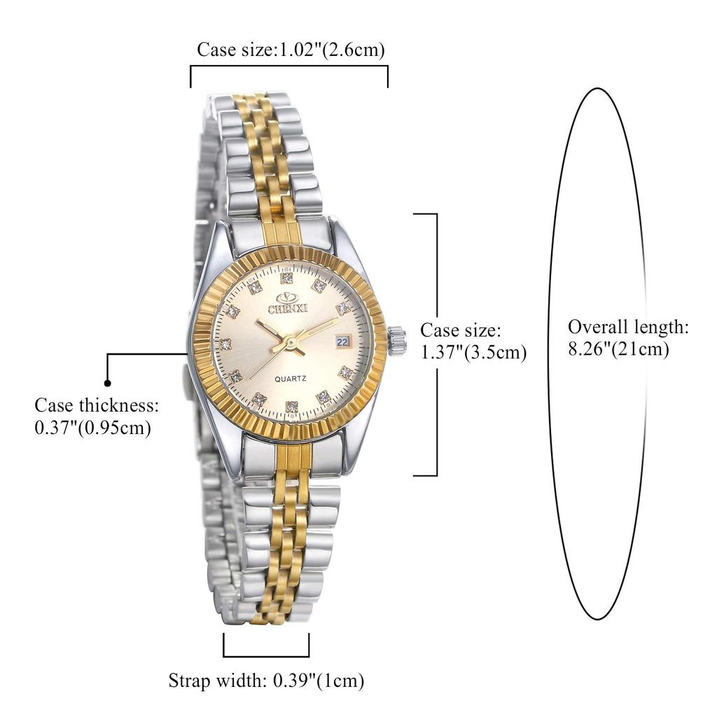 JEWELRYWE Watch 3ATM Waterproof Calendar Luminous Analog Japanese Quartz Stainless Steel Belt Fashion Accessory Gold Women's Women's