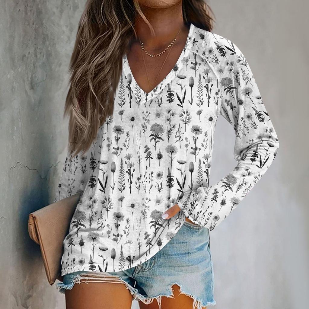 Женская модная свободная футболка с V-образным вырезом и длинным рукавом с винтажным цветочным принтом, повседневный топ