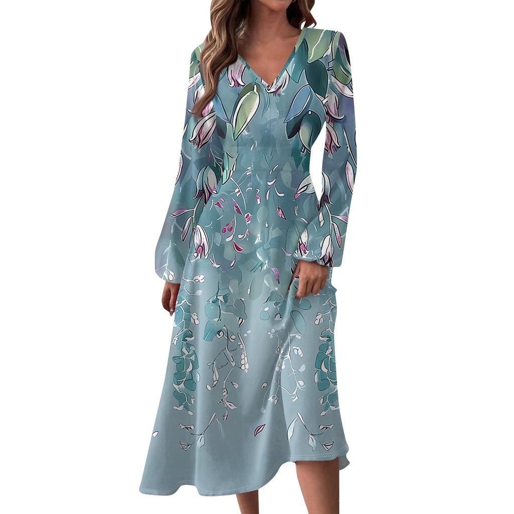 Женское и зимнее повседневное модное длинное платье с V-образным вырезом и длинными рукавами