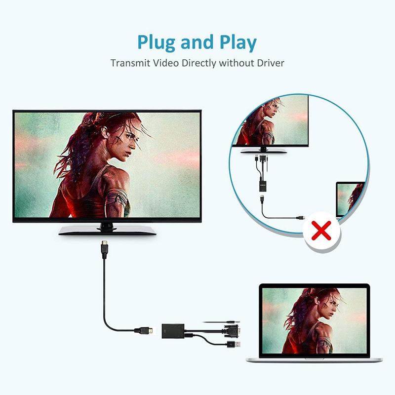 Преобразователь VGA в HD, аудио-видеокабель высокой четкости, адаптер VGA-входа, совместимый с HDMI-выходом для компьютера, ноутбука, телевизора, проектора
