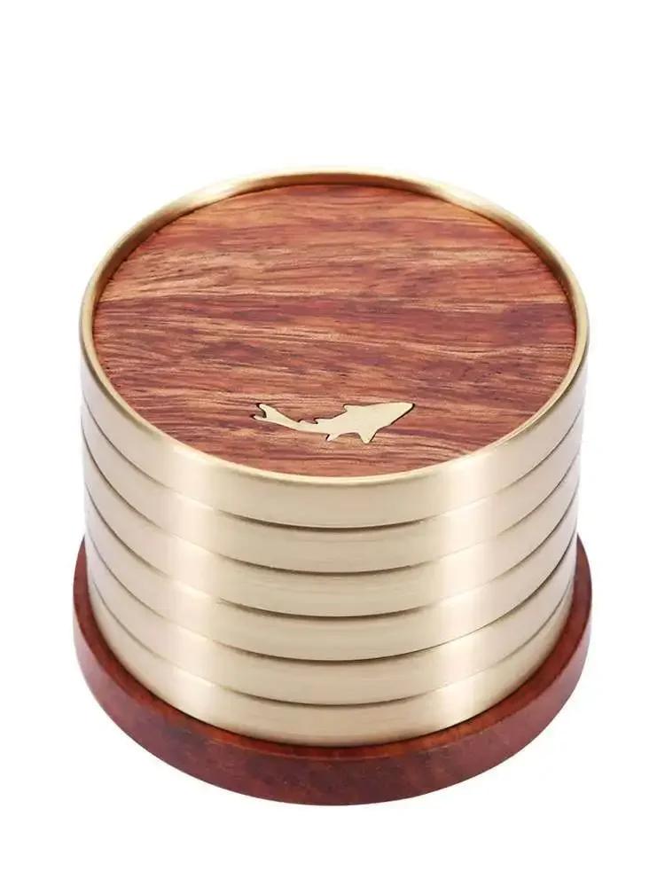 Pure Copper Teacup Holder Blackwood Coaster Household Kung Fu Tea Set Tea Ceremony Utensils Heat Insulation Tea Mat 6 Pieces
