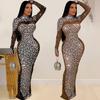 C6890 European & American Women's Solid Color Mesh Long Sleeve Maxi Dress with Hot Drilling