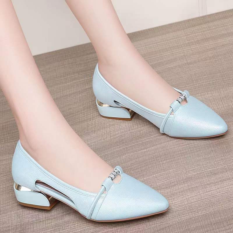Shallow-mouthed Shoes Women's Low-heeled Spring and Autumn Shoes Joker White Thick Heel Work Shoes Anti-slip
