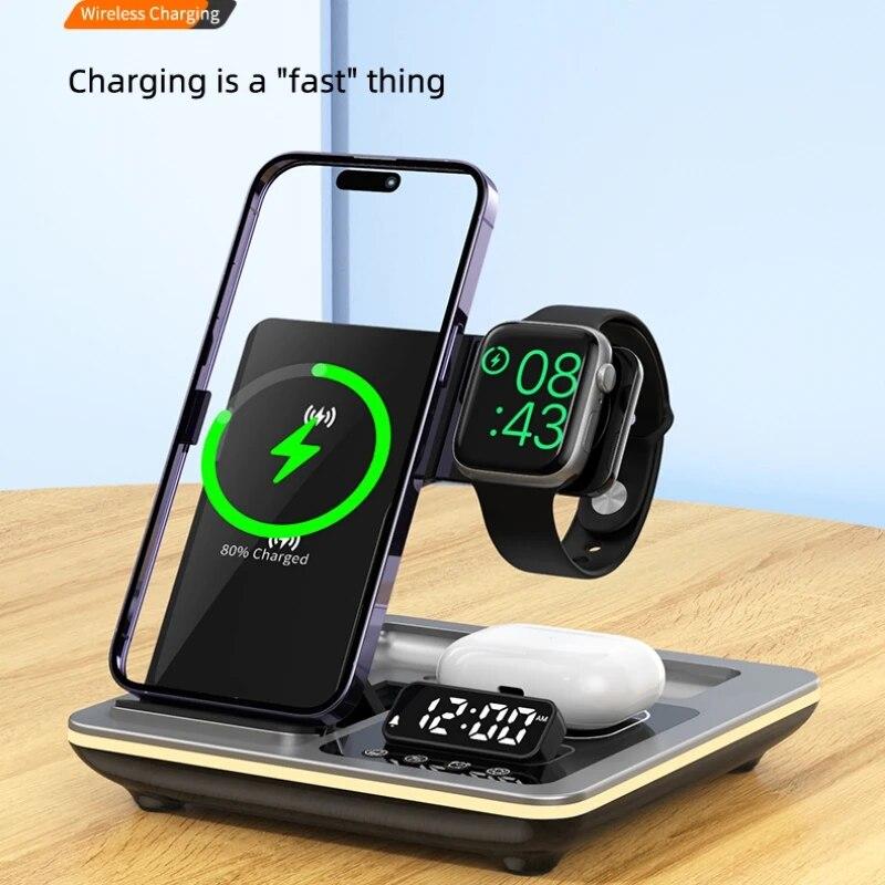 2024 5 In 1 Warm Light Wireless Charger Dock Fast Charging Station for Apple Airpods iWatch iPhone 12 13 14 15 with Alarm Clock