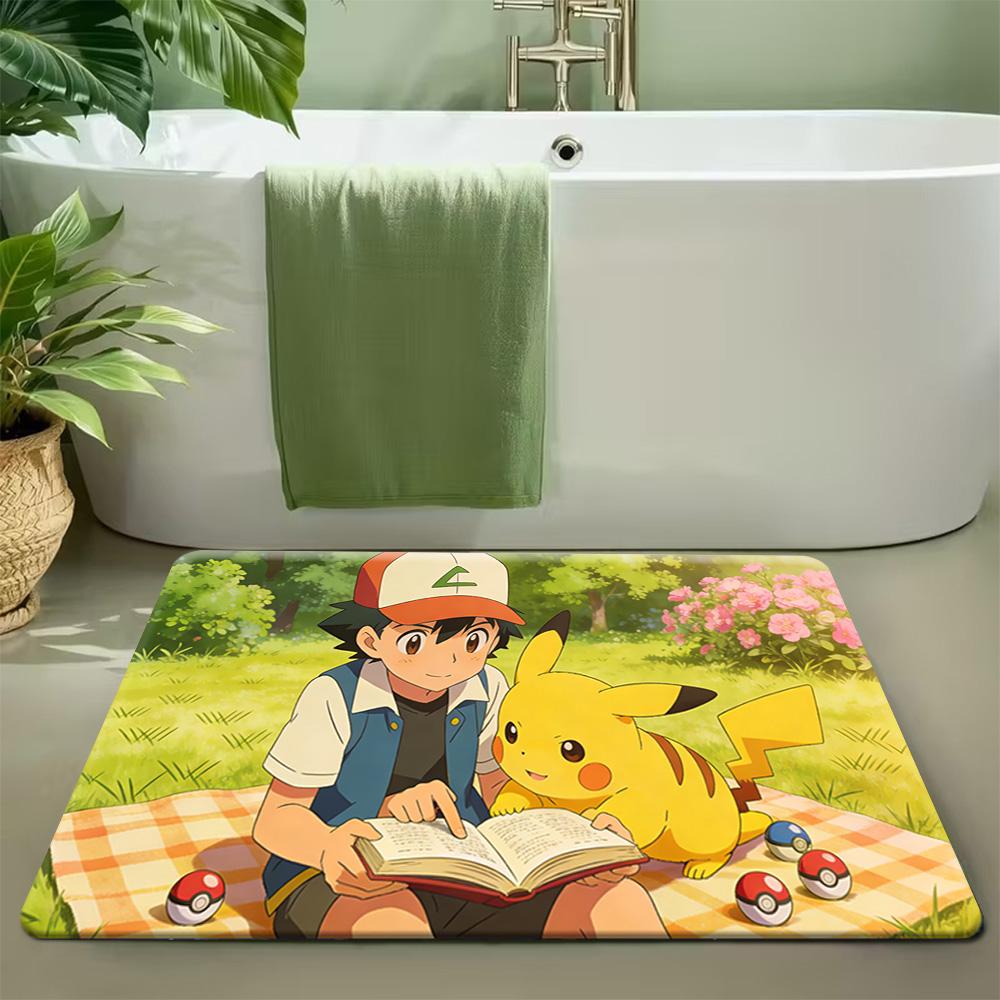 Pokemon Ash and Desert Creatures Watercolor Print Non-Slip Doormat Soft Flannel Floor Mat for Home Decor