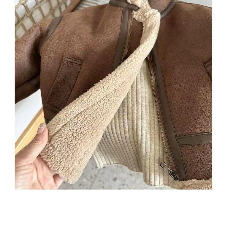 Children's 2024 Winter Plush Leather Motorcycle Jacket for Boys and Girls - Fashionable Fur Design