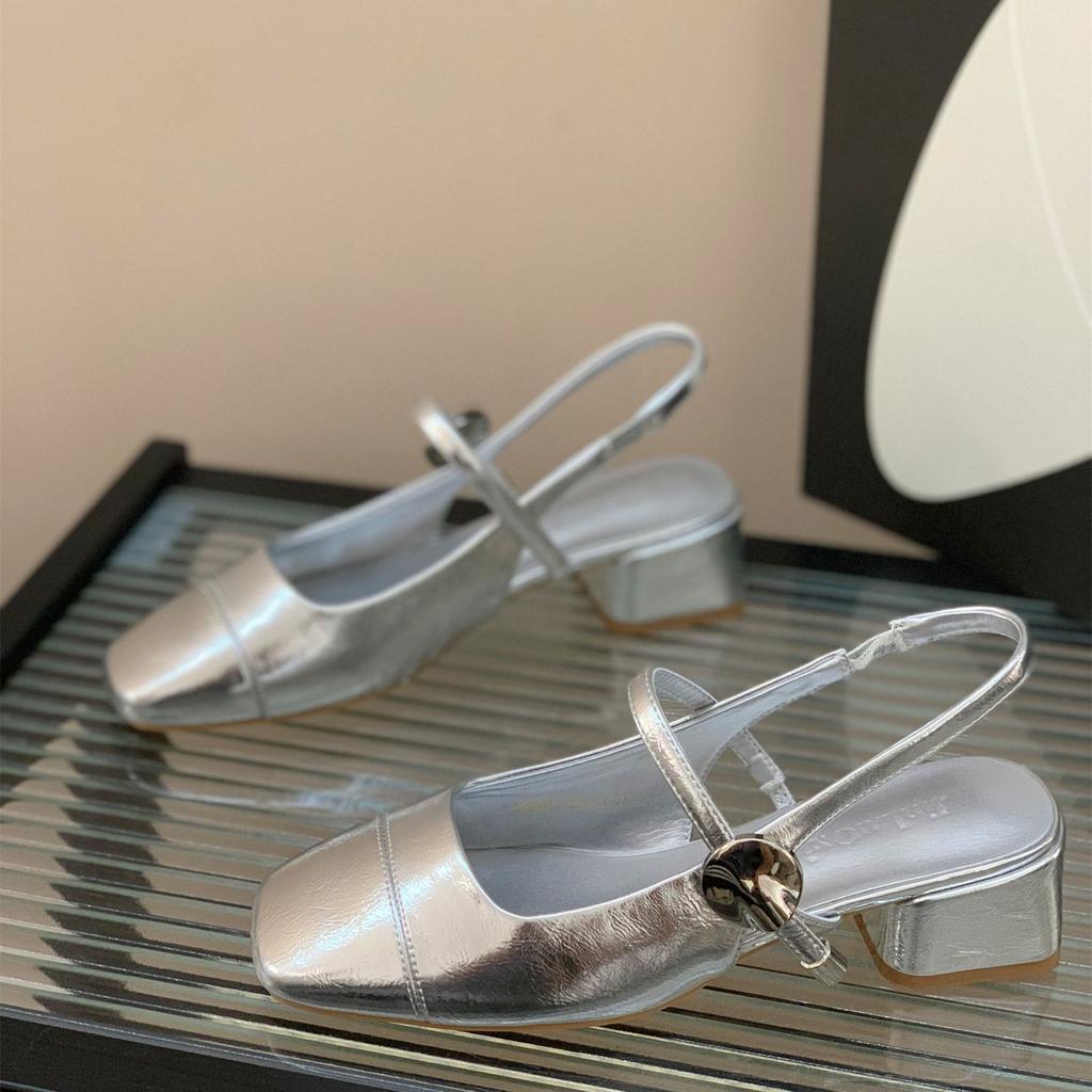 Thick Heel Square Head Silver Mary Jane Shoes Women'S Bag Head Sandals Summer Fairy Style Temperament Empty Single Shoes