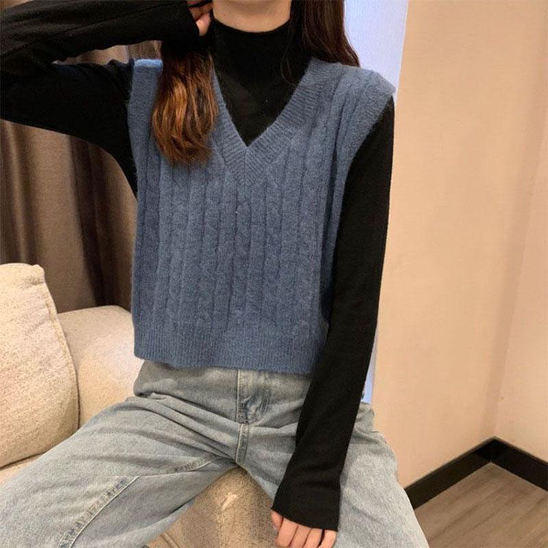 Loose V-neck Knitted Vest Women Spring Autumn and Winter Solid Color Twist All-match Waistcoat Sweater Vest