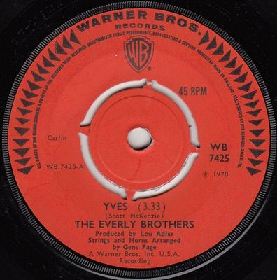 7-дюймовая пластинка EVERLY BROTHERS - Yves / Human Race WB7425 Warner Bros. Re 1970 UK Рок Б/у