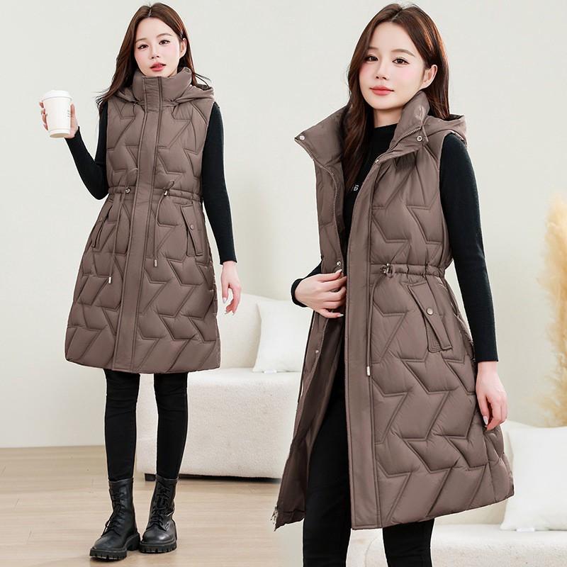 Womens Hooded Quilted Vest Mid-Length Warm Puffer Sleeveless Coat Casual Lightweight Cotton-Padded Outerwear