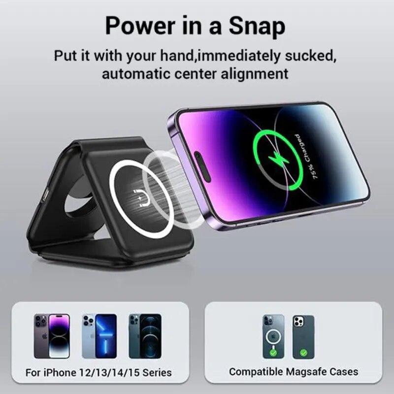 Foldalble Magnetic Wireless Charger Pad 3 In 1 Fast Charging Station for iPhone 15 14 13 12 Pro Max Apple Watch 8 7 6 AirPods