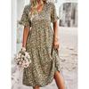 Summer Women V Neck Elegant Printed Short Sleeve High Waist A Line Floral Holiday Dress