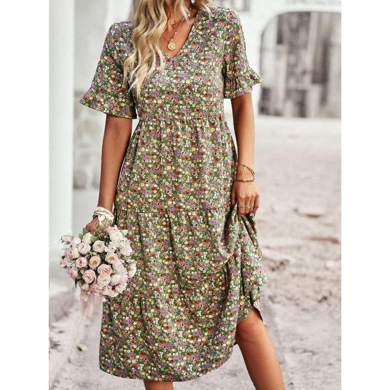 Summer Women V Neck Elegant Printed Short Sleeve High Waist A Line Floral Holiday Dress