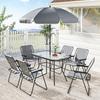 8 Piece Garden Dining Set with Umbrella, Garden Furniture Set with 6 Folding Chairs, Tempered Glass Table for Patio Grey