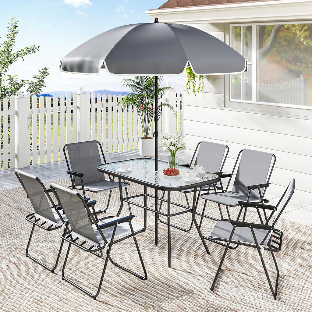 8 Piece Garden Dining Set with Umbrella, Garden Furniture Set with 6 Folding Chairs, Tempered Glass Table for Patio Grey
