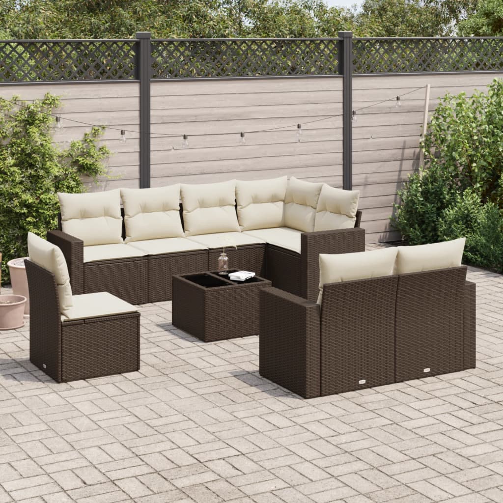 9 Piece Garden Sofa Set with Cushions Brown Poly Rattan