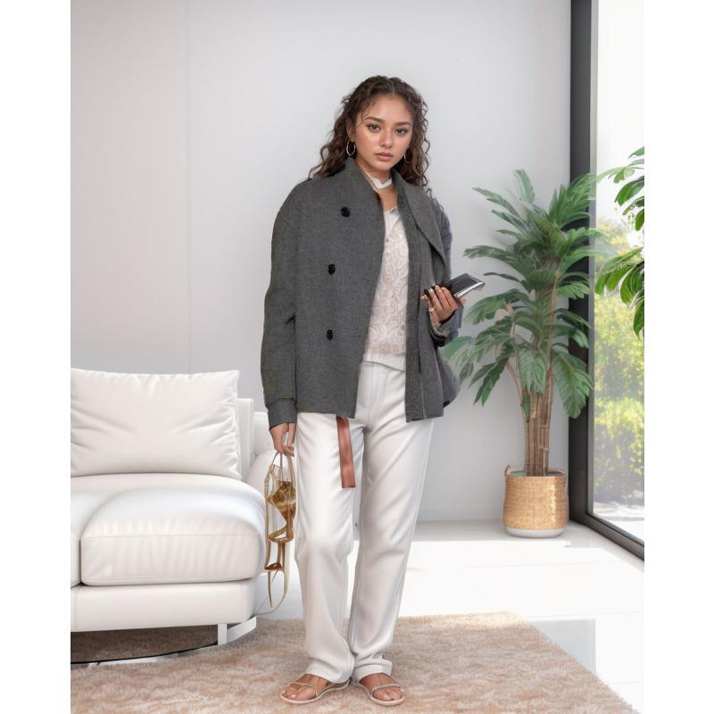 Женское серое двубортное пальто для осени и холодного сезона Короткое пальто