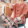Women's Korean Style Summer Pajama Set - Cute Cartoon Design, Short Sleeve Top, Long Pants, Plus Size