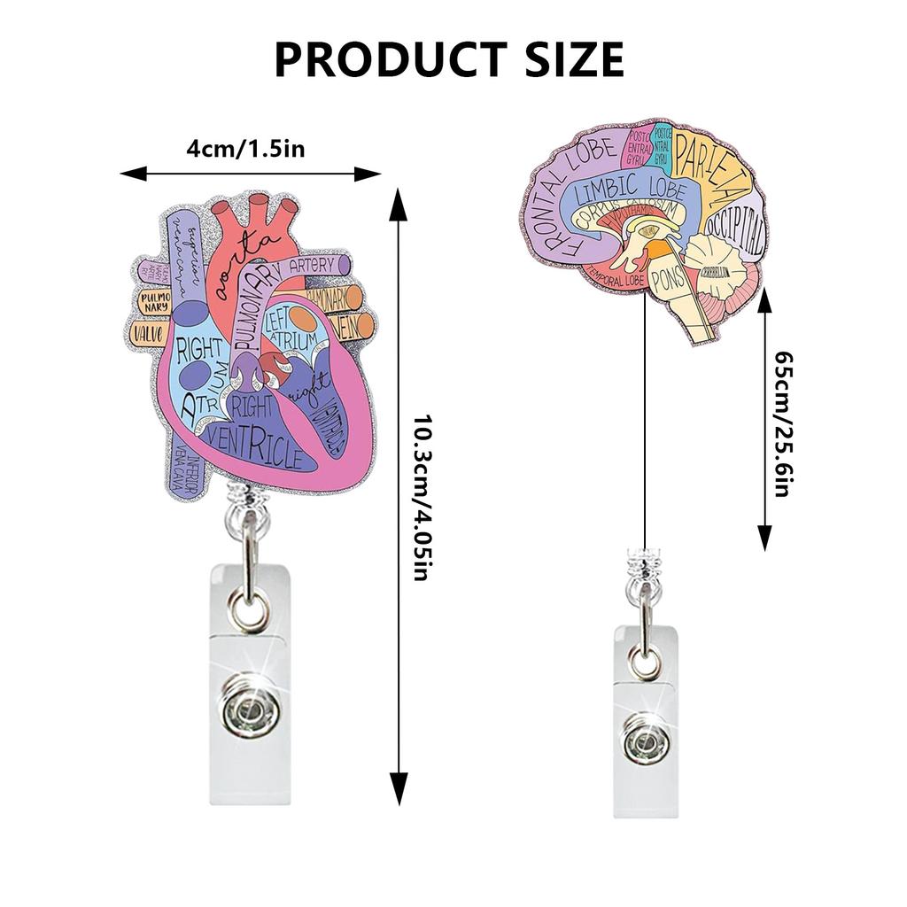 Medical Heart Lung Brain Acrylic Glitter Retractable Badge Reel Rotating Crocodile Clip ID Badge Holder for Doctor Nurse