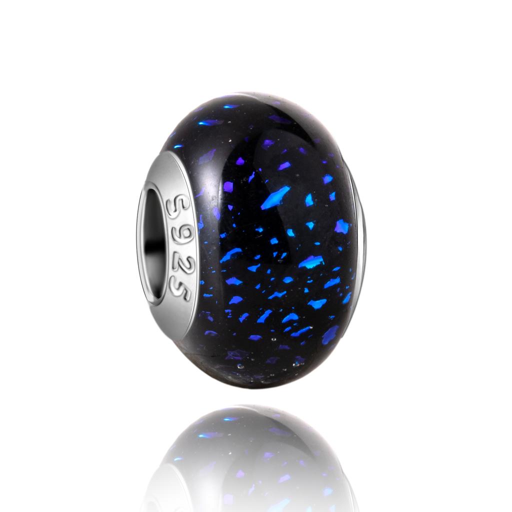 Муранское стекло Серия стерлинговое серебро 925 пробы Медный павлин синий и лепесток цветка Вращается Шарм Подходит для браслета Женские изящные циркониевые аксессуары