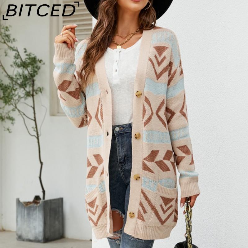 BITCED Autumn/Winter Women's Diamond-Patterned Oversized Knitted Cardigan Jacquard Mid-Length Sweater Coat