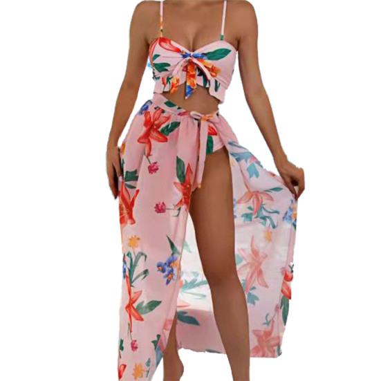 Длинная юбка Купальники Шикарный сладкий женский купальник из трех частей с рюшами