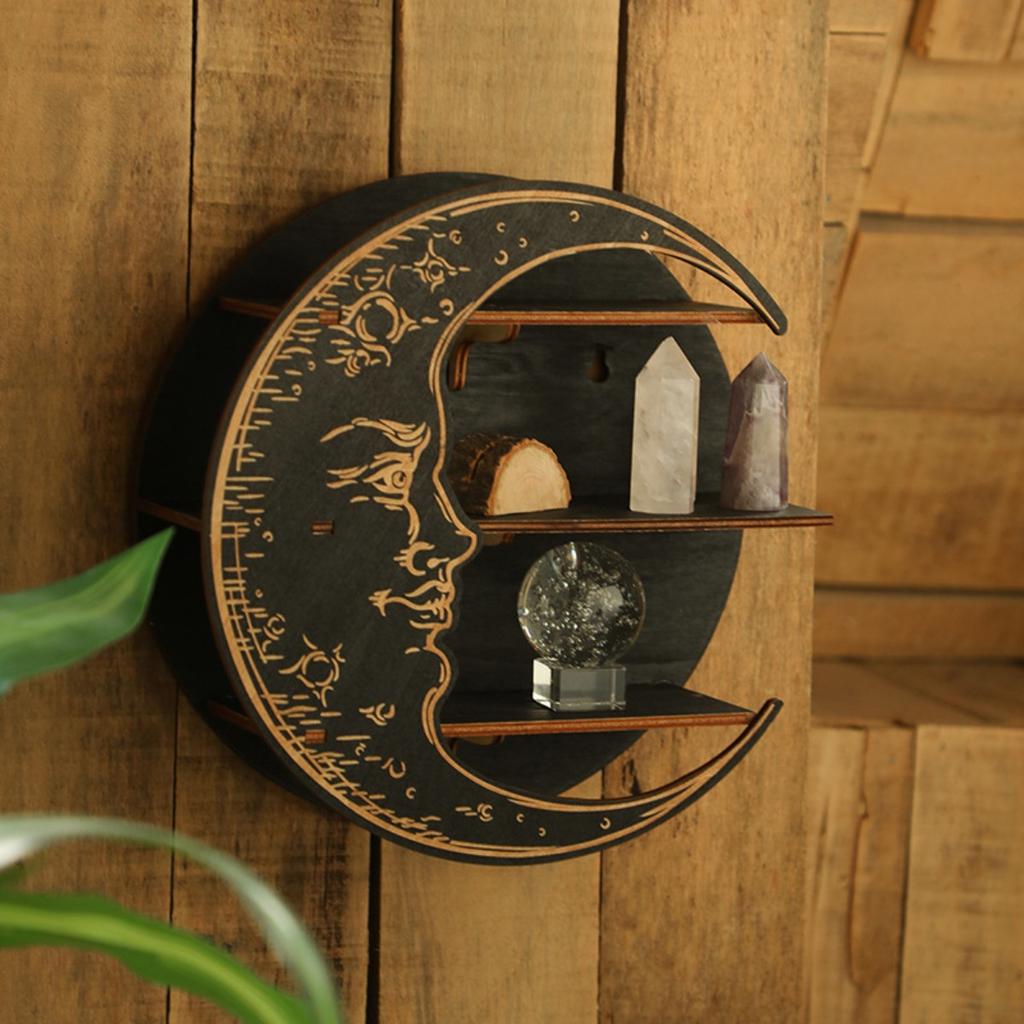 Полка в виде полумесяца, деревенский деревянный держатель для хрусталя для лечебных камней и эфирных масел, настенная хрустальная полка-дисплей для настенного декора, ведьмины подарки