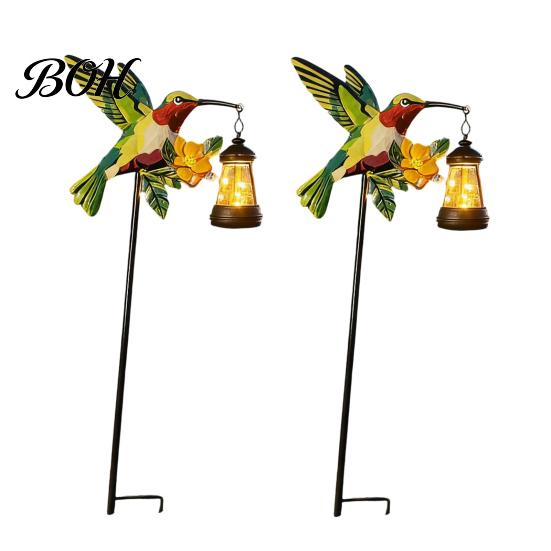 Solar Powered Outdoor Decor Kingfisher Garden Stake Light, Metal Bird Yard Art with Hanging Lantern, Auto-On Retro Hollow Lanterns LED Waterproof