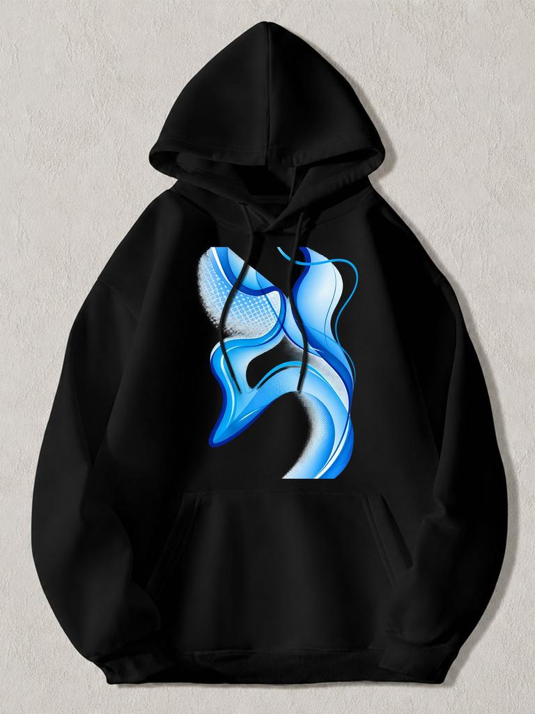 Black Pullover Hoodie with Abstract Blue Liquid Wave Graphic Unisex Casual Sweatshirt with Kangaroo Pocket for Daily Wear and Stre