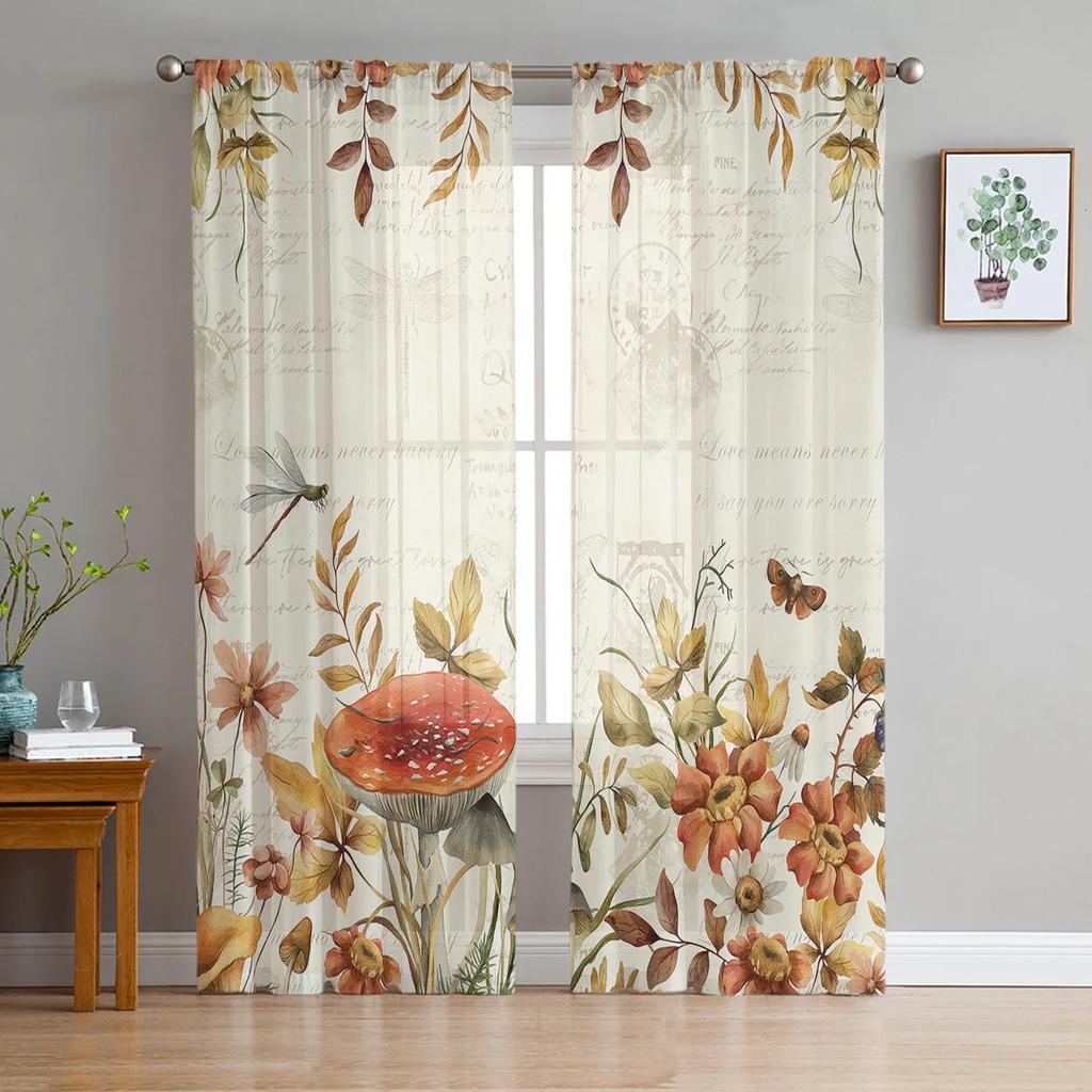Mushroom Plant Vintage Translucent Curtains for Bedroom Living Room Decoration Window Drape ideal for Kitchen Area Tulle Voile Organza Curtains